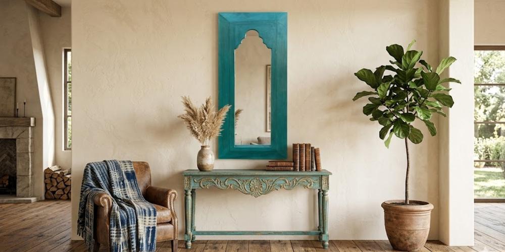 Vintage green decorative mirror with intricate frame for elegant interiors