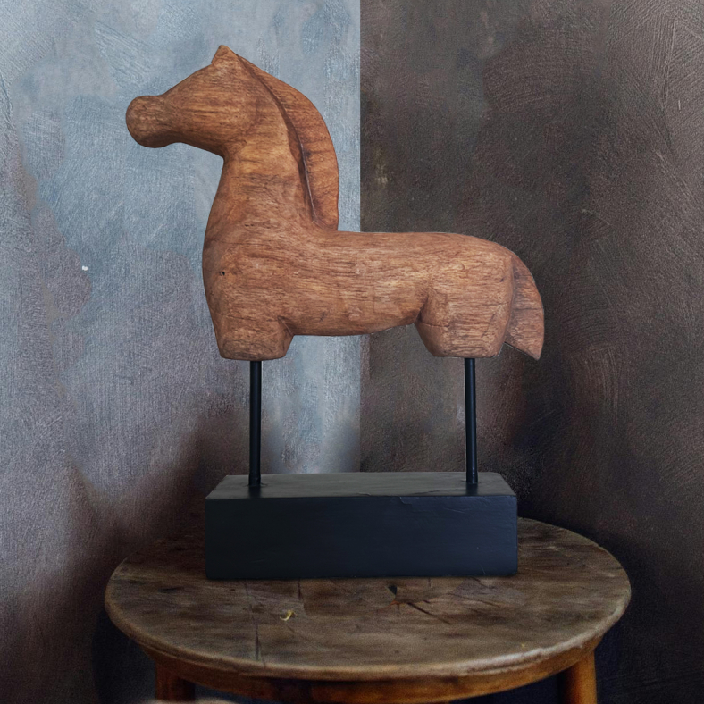Equine wooden horse figurine crafted with an antique-style finish