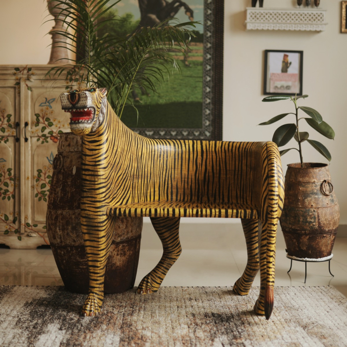 Decorative Tiger wooden chair with vibrant handpainted detailing