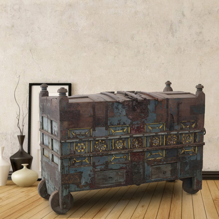Decorative Boleslav carved wooden pitara box designed for vintage-style storage