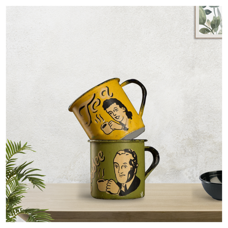 Painted Vintage Enamel Mugs - Yellow & Green