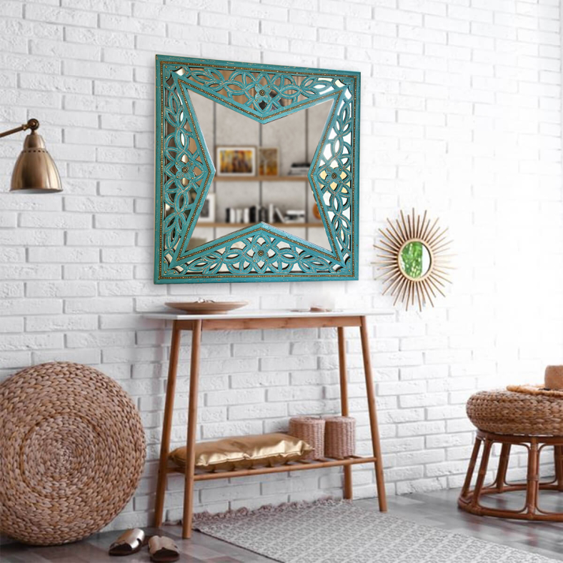 Astral Blue distressed square wall mirror