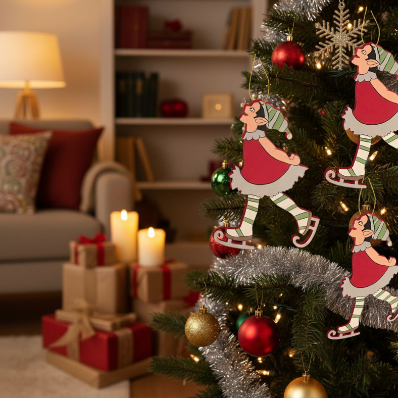 Merry Skater Elf Wooden Ornament