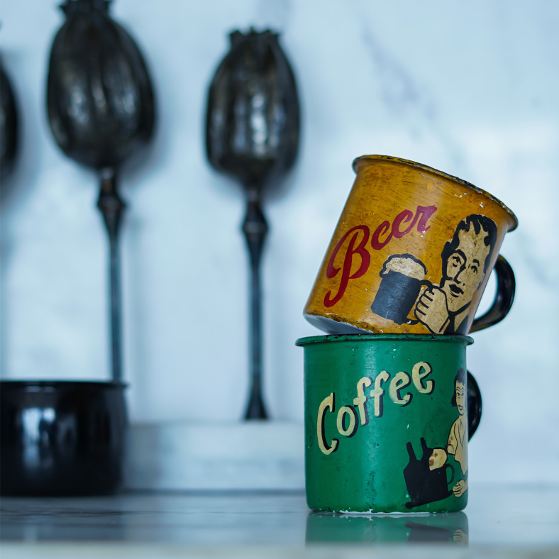Painted Vintage Enamel Mugs Yellow & Green 