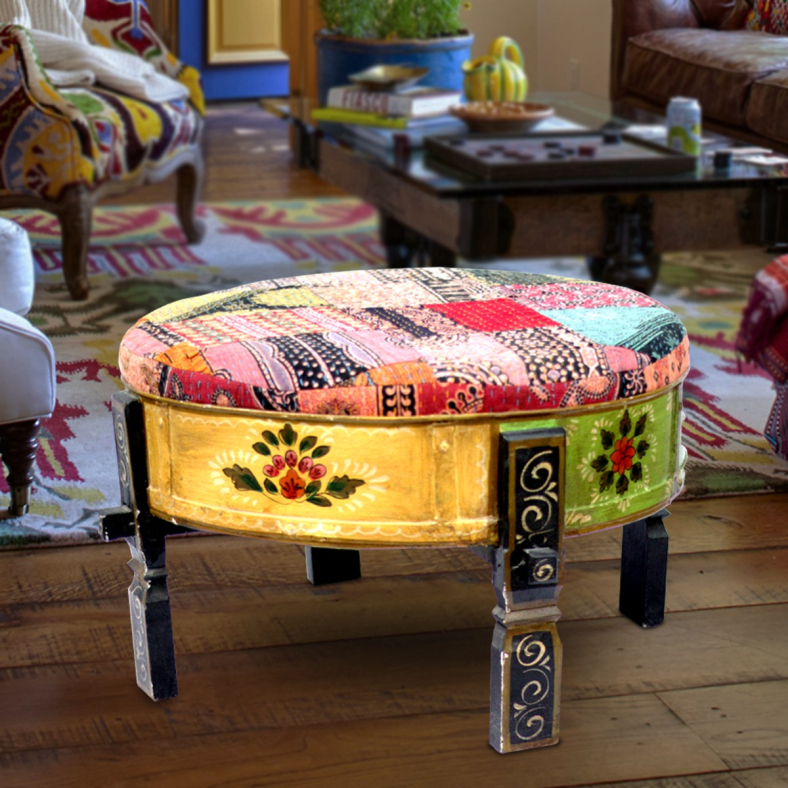 Elvan Hand Painted Kantha Chakki Pouffee 
