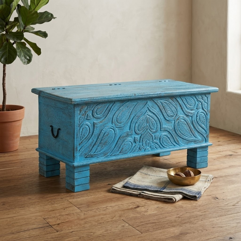 Kyril Carved Wooden Trunk