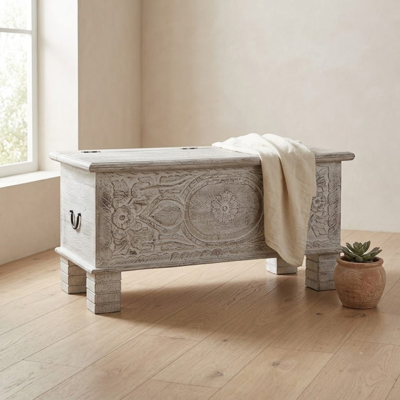 Mateo Carved Wooden Trunk