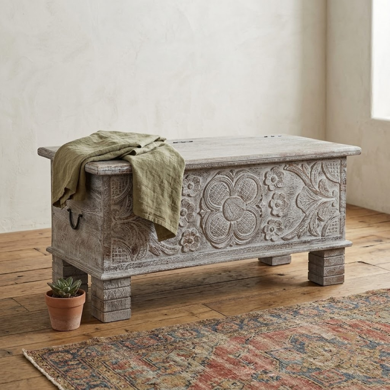 Niles Carved Wooden Trunk