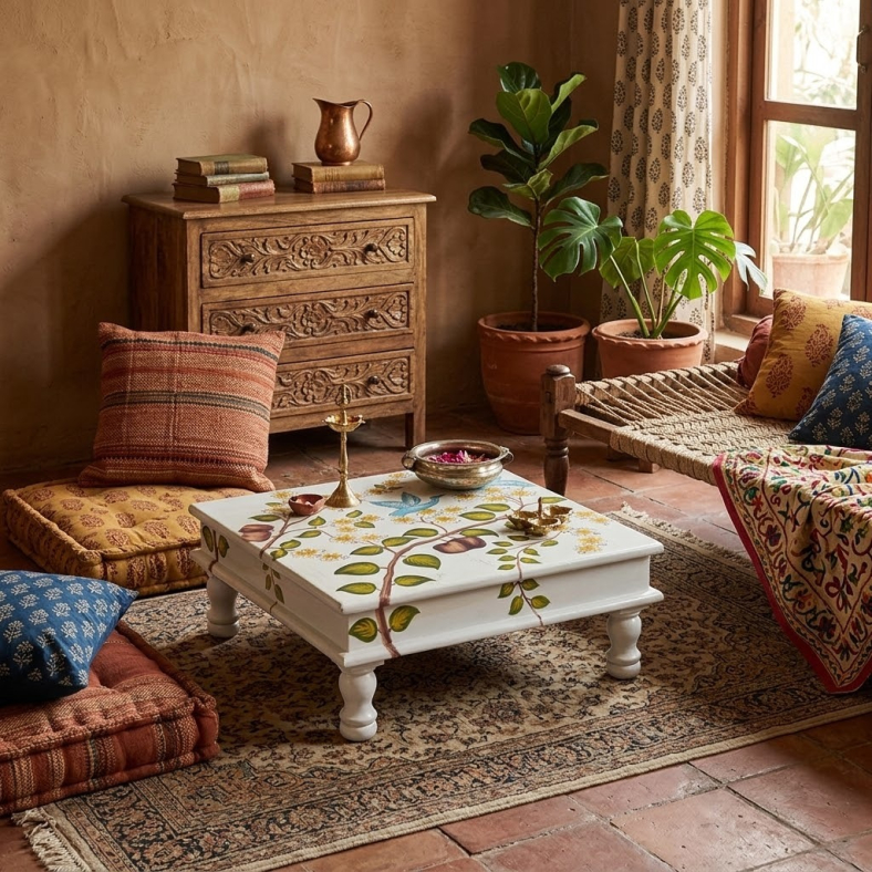 Tanis Handpainted Wooden Bajot Table 