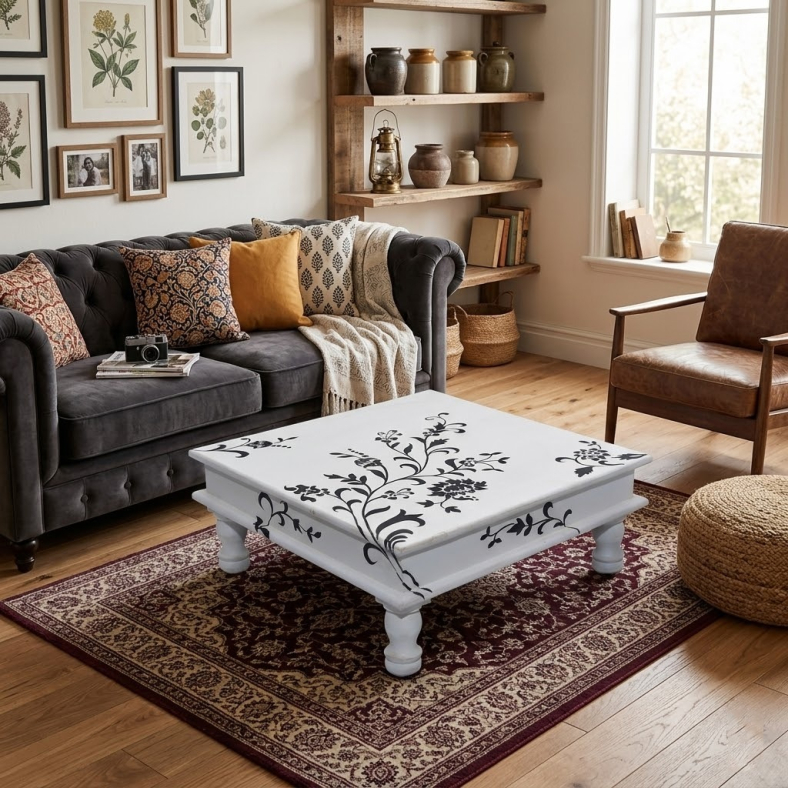 Therapon Handpainted Wooden Bajot Table 