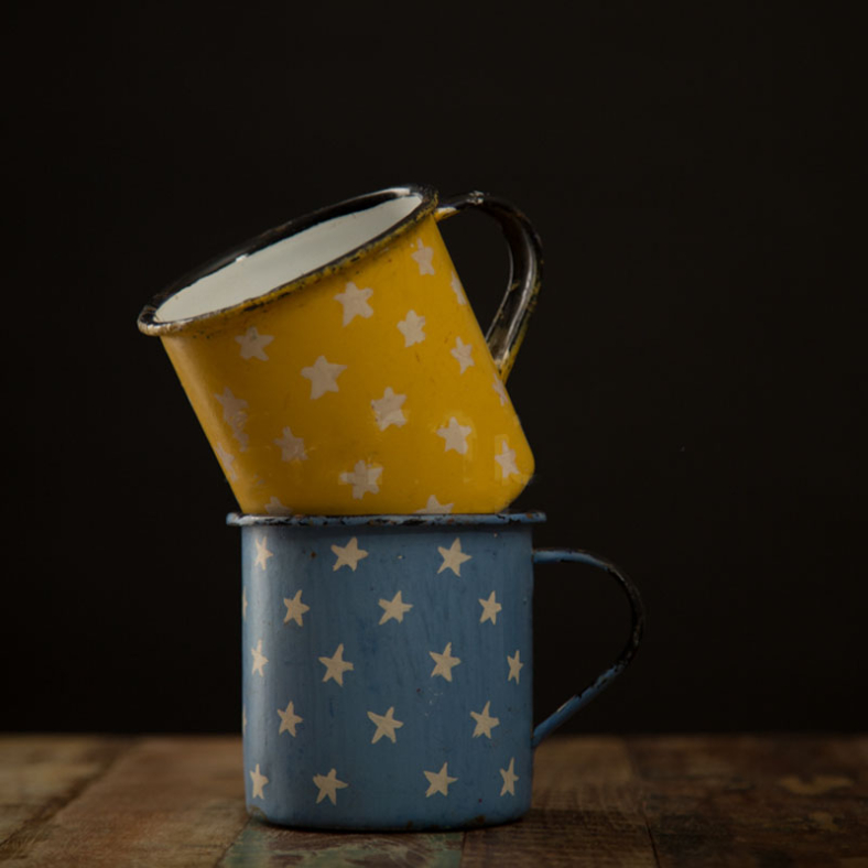 Painted Vintage Enamel Mugs - Yellow & Blue 