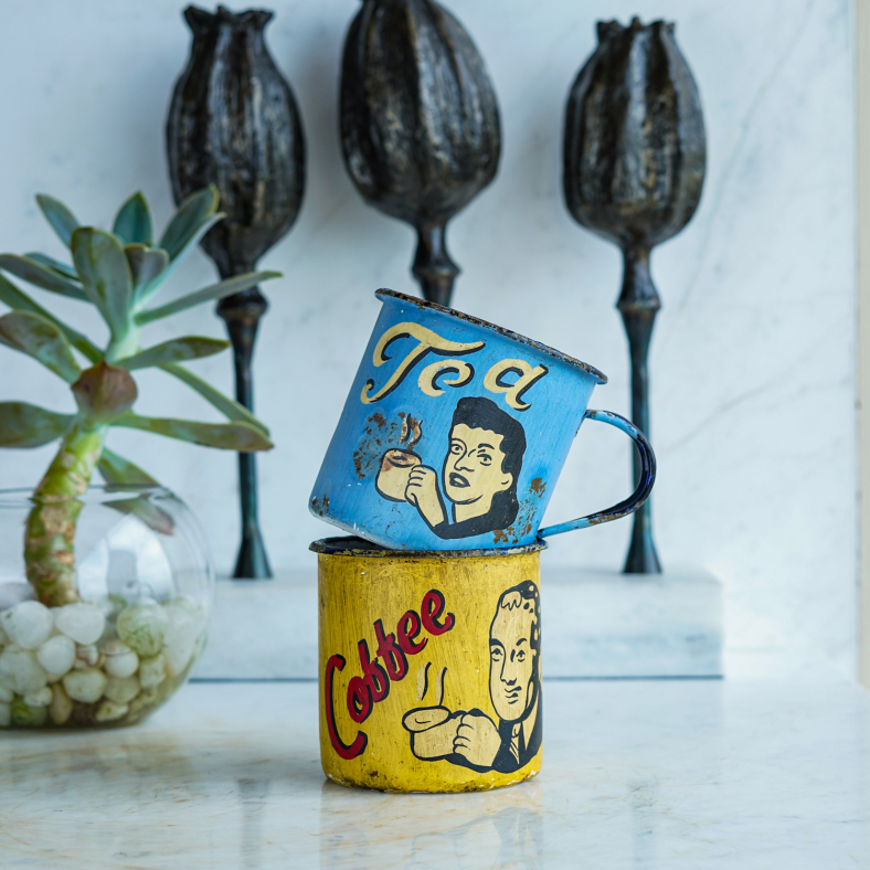 Painted Vintage Enamel Mugs Blue & Yellow 