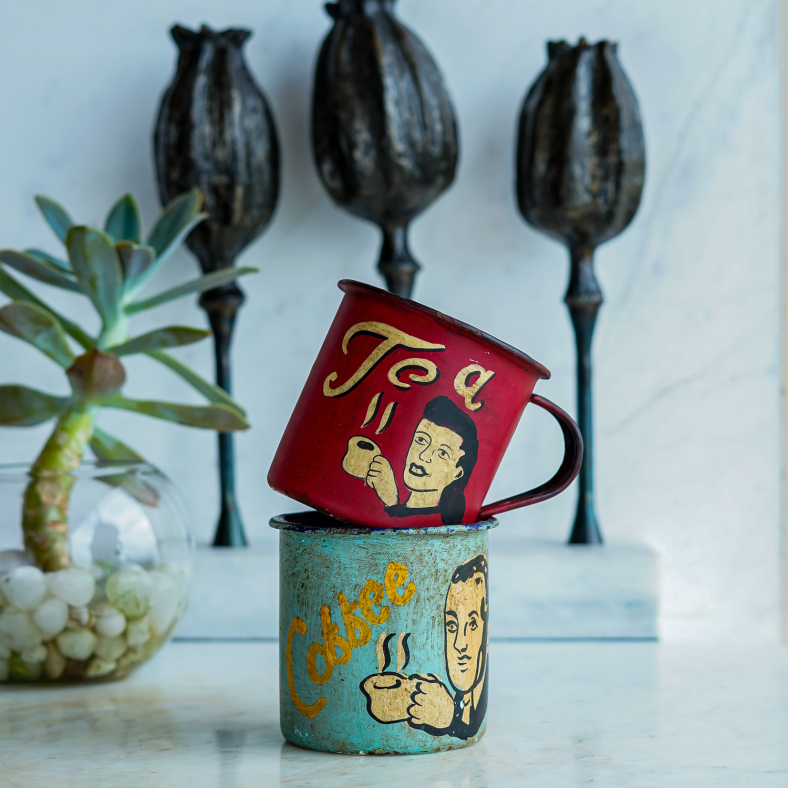 Painted Vintage Enamel Mugs Red & Teal