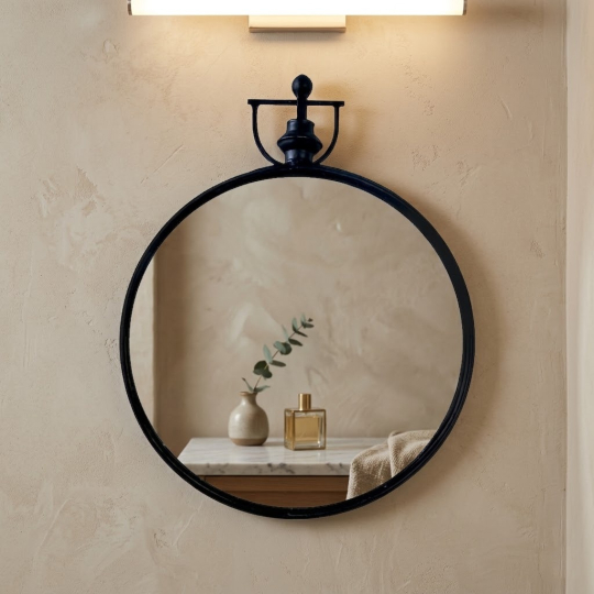 Room setting displaying the Tess metallic round mirror-Shop online at Artisans Rose