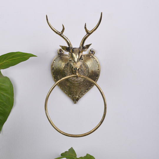 Room setting displaying the Dhokra Deer Towel Ring Holder -Artisans Rose

