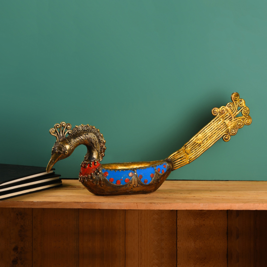 Side view of the Dhokra Peacock Boat-Shop online at Artisans Rose