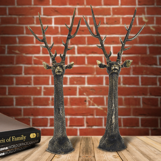 Front view of the Dhokra Deer Head Set Of Two-Shop online at Artisans Rose
