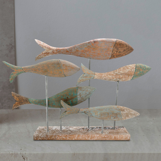 Front view of the Furaha Wooden School of Fish Curio - handmade from natural wood -sold online at Artisans Rose