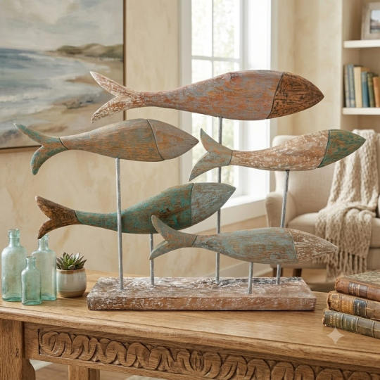 Room setting Furaha Wooden School Of Fish Curio - Artisans rose 