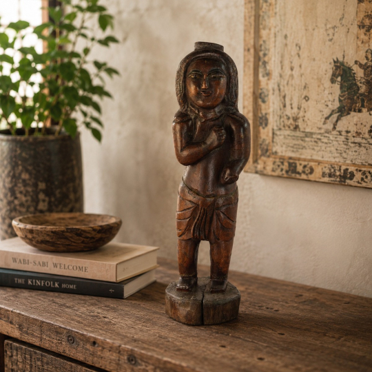 Front view of the Loxley Wooden Statue, teak wood young boy sculpture with dark multicolor finish on base, decorative collectible by Artisans Rose