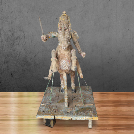 Front view of the Maxon Wooden Statue, teak wood ancient warrior on horse sculpture in vintage weathered look with natural light multicolored distressed finish, decorative collectible by Artisans Rose

