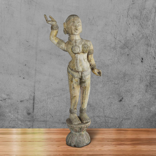 Front view of the Kiko Wooden Statue, teak wood lady dancer on damru stand with vintage weathered look and white distressed finish, decorative collectible by Artisans Rose