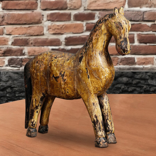 Front view of Callum Wooden Horse, handcrafted from reclaimed wood with a multicolor finish, vintage design