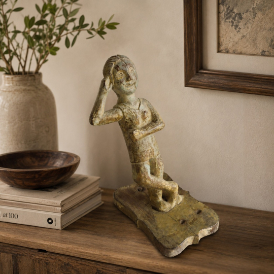 front view of Elyvanna vintage teak wood statue with multicolor weathered finish and playful posture