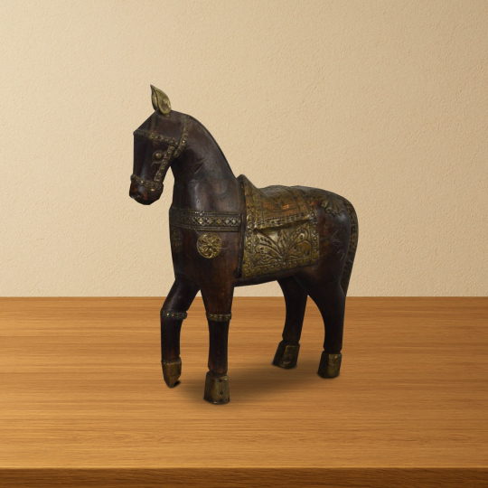 front view of Isavelle vintage wooden horse sculpture in brown mango wood with brass detailing