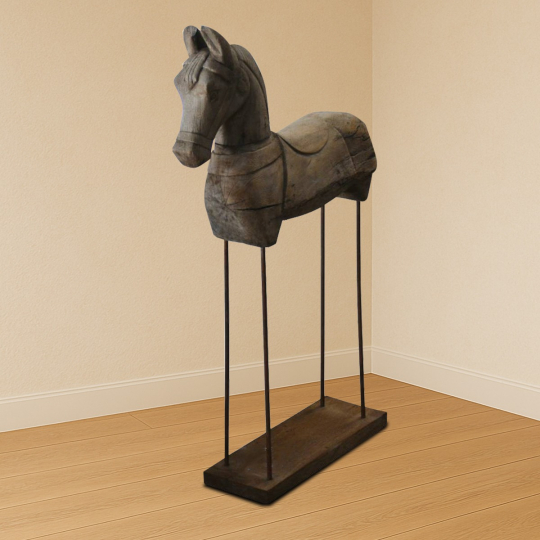 front view of Loravyn Wooden Horse in natural weathered teak finish on stand