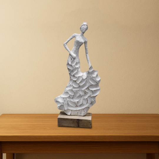 front view of Orlanthia Lady Sculpture in white gold finish on natural mango wood base