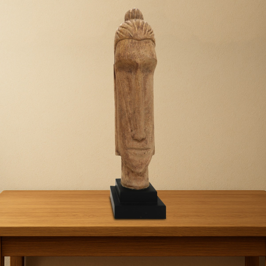 front view of Buddha Curio On Stand in mango wood with carved face and black base