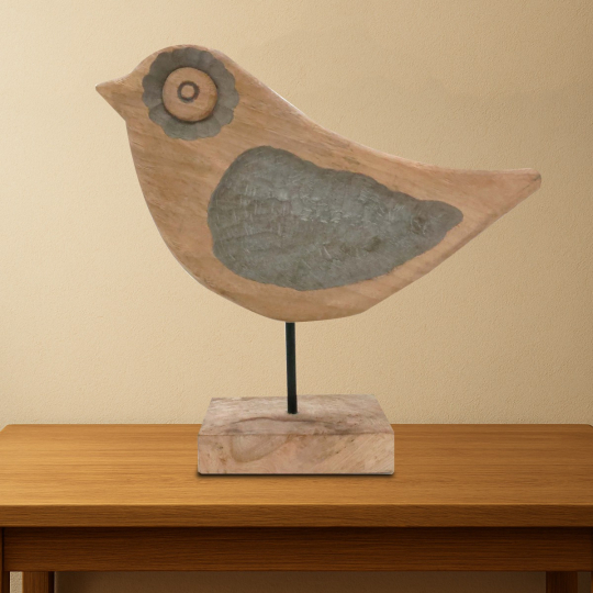front view of Elysavae Bird Curio On Stand made of mango wood and iron with painted grey and black finish