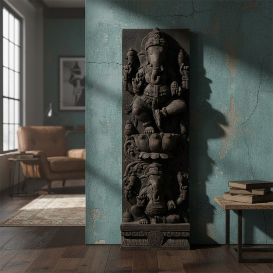 front view of Varenya Ganesha Wall Panel handcrafted from reclaimed wood in natural finish