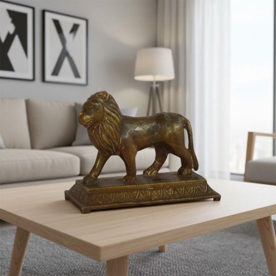 Room setting displaying the Vintage brass lion figurine on raised base