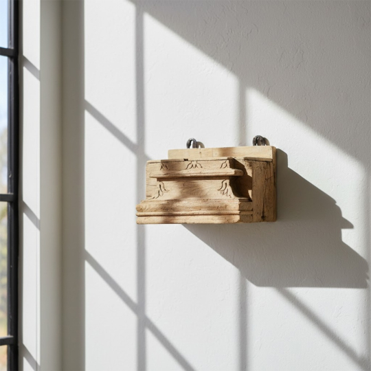 Front view of Aivra wooden shelf made from reclaimed wood with a natural finish and weathered vintage appearance mounted on a wall
