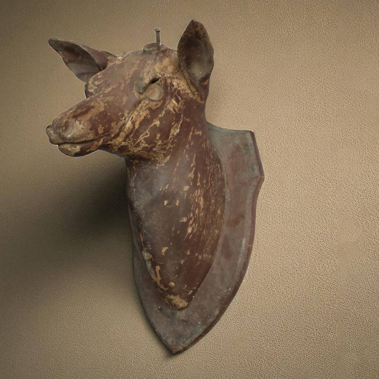 Front view of Carved Beren wooden deer head 