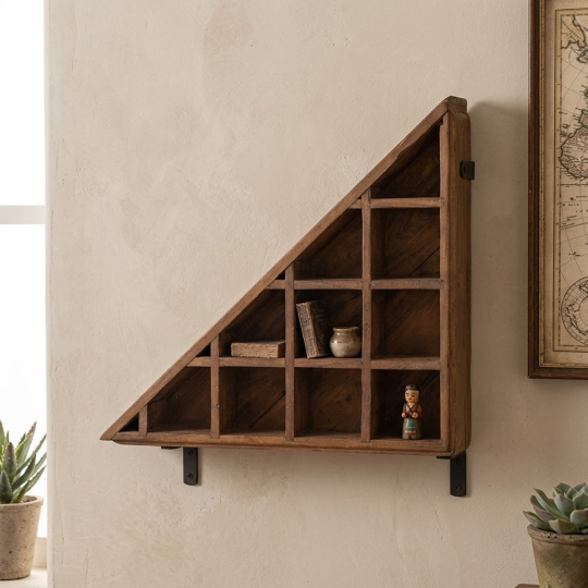 Front view of the Ruba triangular teak wood wall shelf with grid compartments.