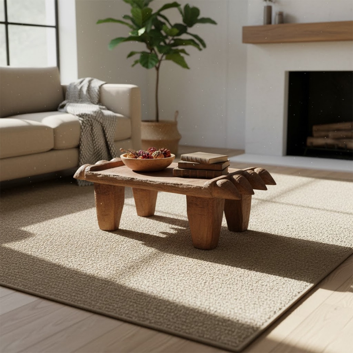Add the Orintha Wooden Naga Bajot as a coffee table