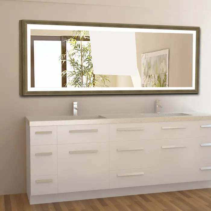 Beige framed LED wall mirror with elegant design
