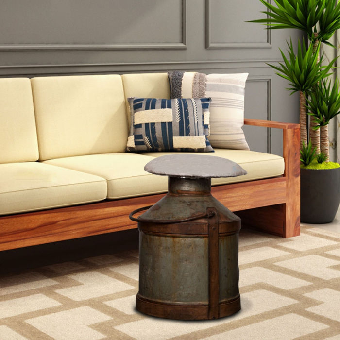 Rustic vintage milk can seater stool for farmhouse style interiors