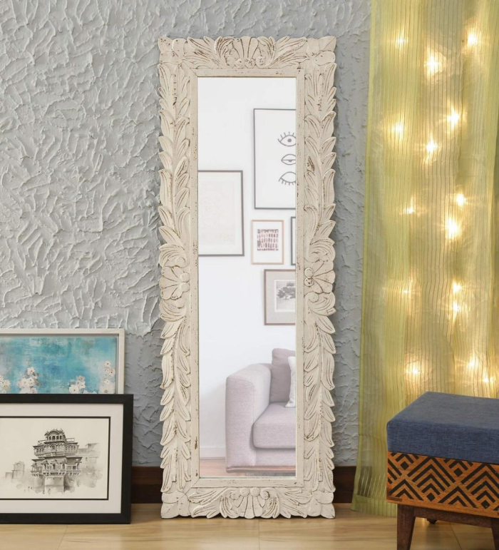 Modern full‑length mirror with wave‑inspired white frame
