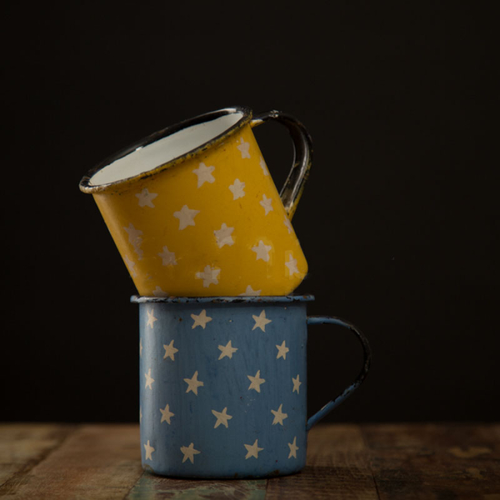Painted vintage enamel mugs with handcrafted detailing